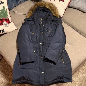 Cole Haan Dark Blue Puffer Coat with Faux Fur Hood